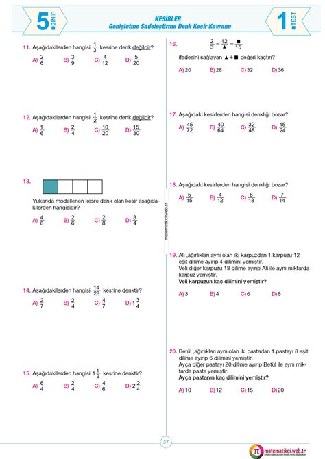 5 sınıf matematik kesirlerde sadeleştirme ve genişletme testi